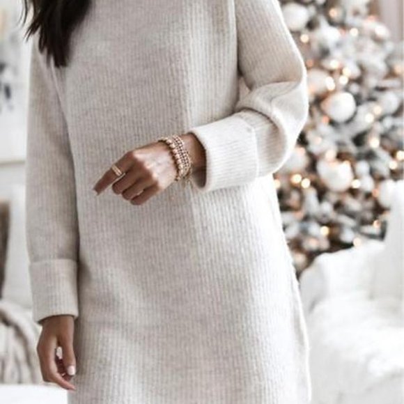 Simple Plain Long Sleeve Mini Sweater Dress - Picture 2 of 4
